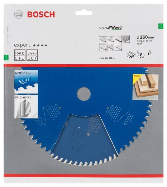 Bosch Kreissägeblatt-Packung, beschriftet mit 'Experte für Holz', zeigt Illustrationen von Anwendungen, Haltbarkeitsindikatoren und Blattgröße Ø 260 mm.