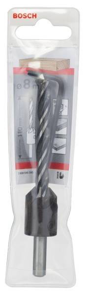 Ein schwarzer und silberner Spiralbohrer in einer Plastikverpackung, beschriftet mit '110 mm'.