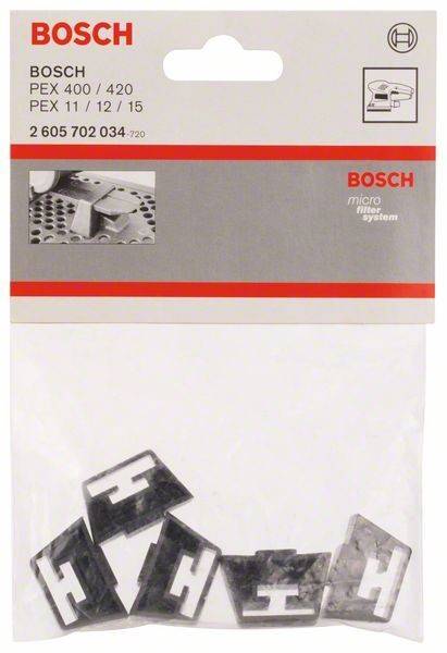 Verpackung für Bosch Mikrofilter-System PEX 11/12/15, mit einem Abteilungsbildausschnitt und roter Bosch-Markierung.