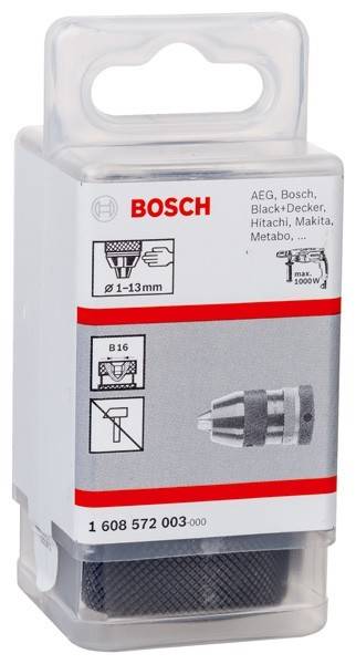 Ein Bosch Bohrfutter für Bohrer von 1-13mm, kompatibel mit Marken wie Hitachi und Makita, in Verpackung mit Abbildungen und Text dargestellt.