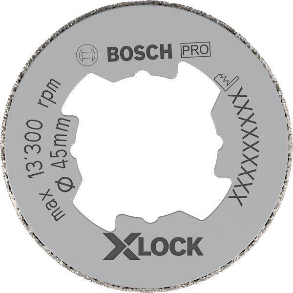 Ein Bosch X-LOCK Diamant-Trennscheibe für Winkelschleifer, 45 mm Durchmesser, maximale Drehzahl 13.300 U/min, mit silberfarbener Gestaltung und gezackter Kante.