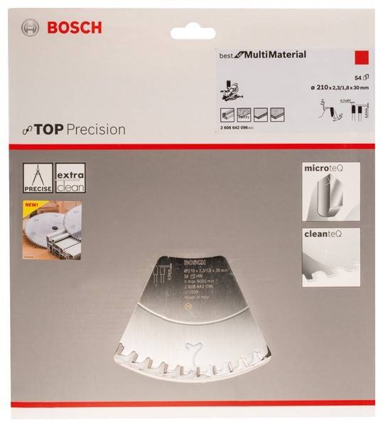 Bosch Sägeblatt-Verpackung für 'best MultiMaterial' Schneiden, zeigt Blattdesign und Merkmale wie 'microteQ' und 'cleanteQ'.