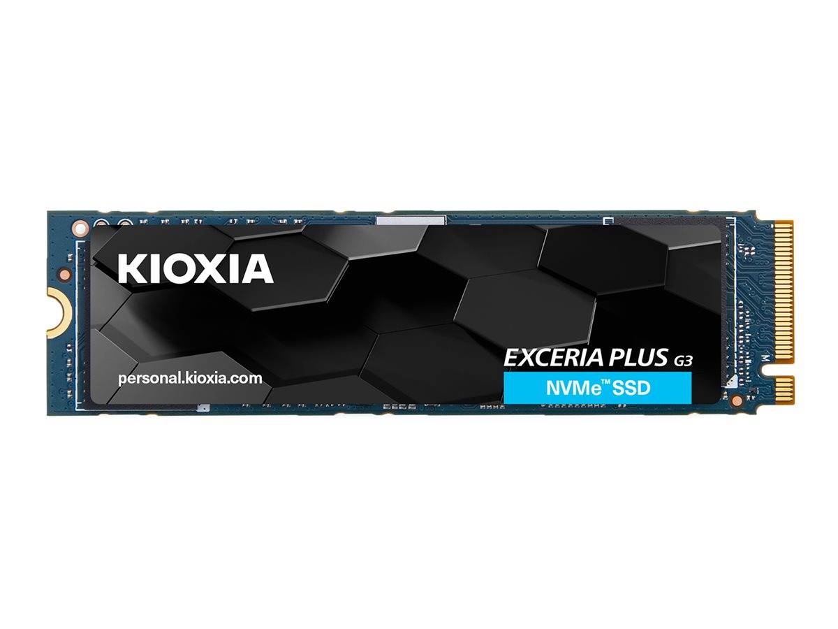 KIOXIA EXCERIA PLUS G3 NVMe SSD dargestellt als blaues M.2-Solid-State-Laufwerk auf weißem Hintergrund.