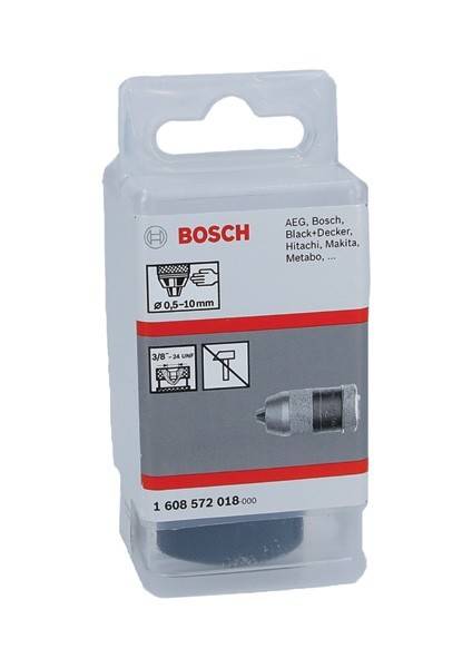 Bosch-Bohrfutterverpakkung, zeigt kompatible Marken und Größenbereich von Ø 0,5–10 mm. Bild zeigt Produkt und Spezifikationen.
