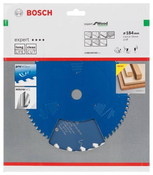 Verpackung eines Bosch Expert Holzsägeblatts, 184 mm, mit Anzeigen für ‚lange Lebensdauer' und ‚sauberer Schnitt'. Diagramme zeigen Schnittmerkmale.