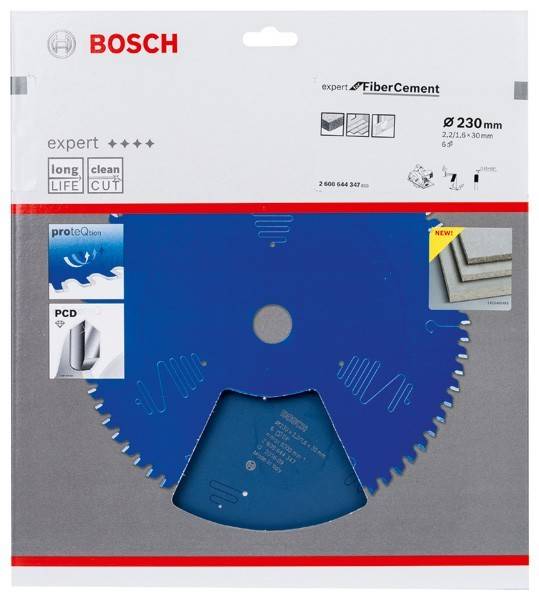 Bosch Expert Faser-Zementplatte Kreissägeblatt Verpackung, die das Sägeblattdesign, Schnittfähigkeiten und Schlüsselmerkmale wie lange Lebensdauer und sauberen Schnitt zeigt.