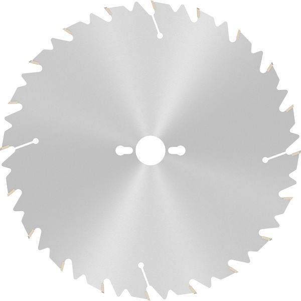 Eine Kreissägeklinge mit spitzen Zähnen an ihrem Rand, die zum Schneiden von Materialien verwendet wird. Die Metalloberfläche ist reflektierend und glänzend.
