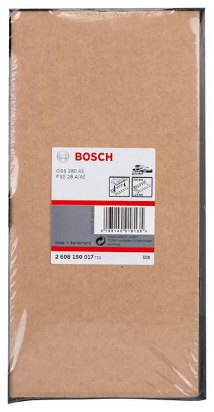 Eine Bosch-Schleifpapierverpackung mit der Bezeichnung 'GSS 280 AE PSS 280 A/AE', die die Kompatibilität mit bestimmten Modellen und Abmessungen von 93x230 mm angibt.
