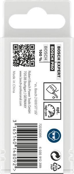 Label auf Bosch-Werkzeugverpackung mit QR-Code, Bosch-Logos, Text '100%', 'Bosch Pro', 'opt.' mit Symbolen und 'Made in China'.