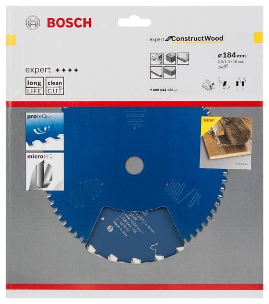 Bosch Kreissägeblatt für Holzbearbeitung, Expertenserie, 184 mm, mit präzisem Schnitt und langer Lebensdauer. Blaue Sägeblatt mit Verpackungsdetails.