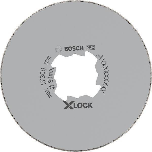 Eine kreisförmige Bosch Pro X-Lock Trennscheibe, gekennzeichnet mit 'max 13.300 U/min' und 'ø80 mm', entwickelt für schnelles Wechseln von Winkelschleifer-Zubehör.