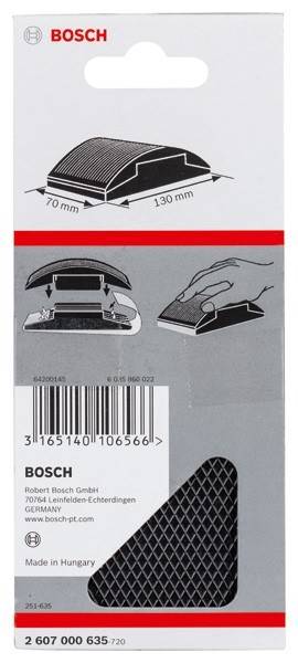 Handschleifwerkzeug mit Maßangaben: 70 mm und 130 mm. Diagramm zeigt Hand bei Verwendung des Werkzeugs. Barcode und Produktinformationen am unteren Rand.