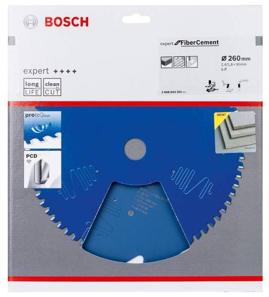 Bosch Expert FaserZement-Sägeblatt, 260 mm, entwickelt für lange Lebensdauer und saubere Schnitte auf Faserzement; ausgestattet mit Schutzüberzug.