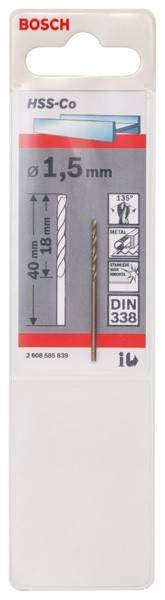 Ein Metallbohrer wird in seiner Verpackung präsentiert. Das Etikett zeigt '40 mm, 18 mm', und er ist geeignet für Metall und Edelstahl, DIN 338.