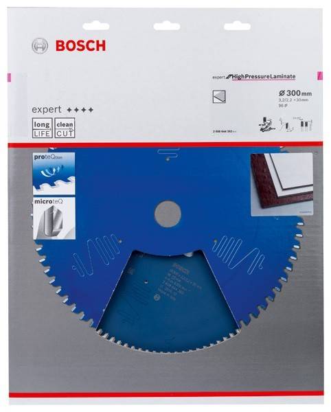 Bosch Sägeblatt-Verpackung für 'Experten Hochdruck-Laminat'. Merkmale umfassen 'lange LEBENSDAUER', 'sauberer SCHNITT', 300 mm Durchmesser, 96 Zähne.