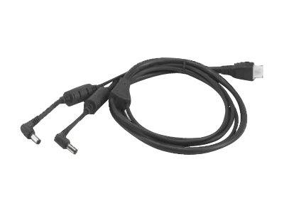 Schwarzes Kabel mit einem USB-Stecker und zwei rechtwinkligen Hohlsteckern