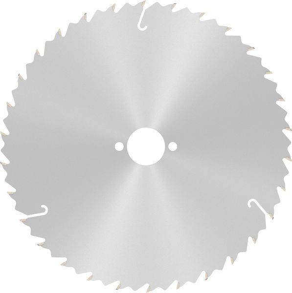 Eine Kreissägeblatt mit scharfen Zähnen am Rand, die zum Schneiden von Holz oder anderen Materialien ausgelegt ist.
