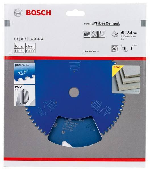 Bosch Experte für Faserzement-Kreissägeblatt-Verpackung, 184 mm Durchmesser. Geeignet für langlebige, saubere Schnitte in Faserzement.