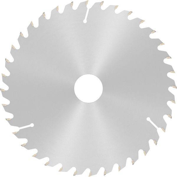 Eine Kreissägeblatt mit scharfen, gleichmäßig verteilten Zähnen entlang des Randes, die zum Schneiden von Materialien wie Holz und Metall verwendet wird.
