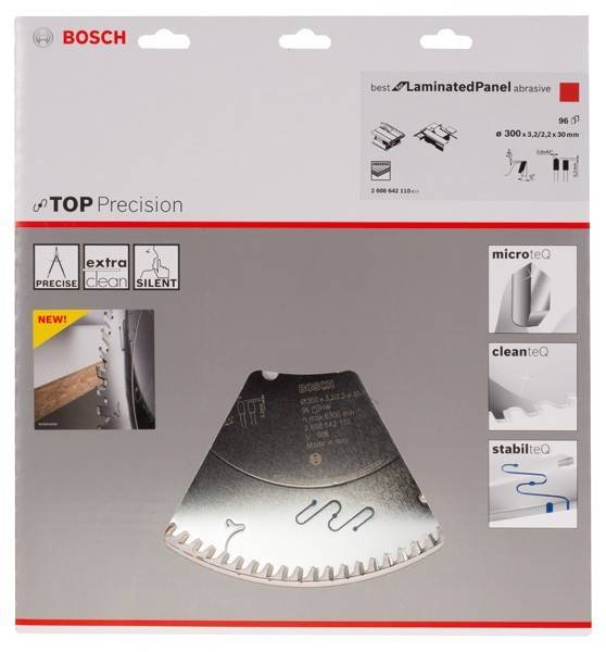 Bosch Sägeblatt-Verpackung mit Aufdruck 'TOP Precision', geeignet für laminierte Platten. Merkmale: microteq, cleanteq und stabilteq.