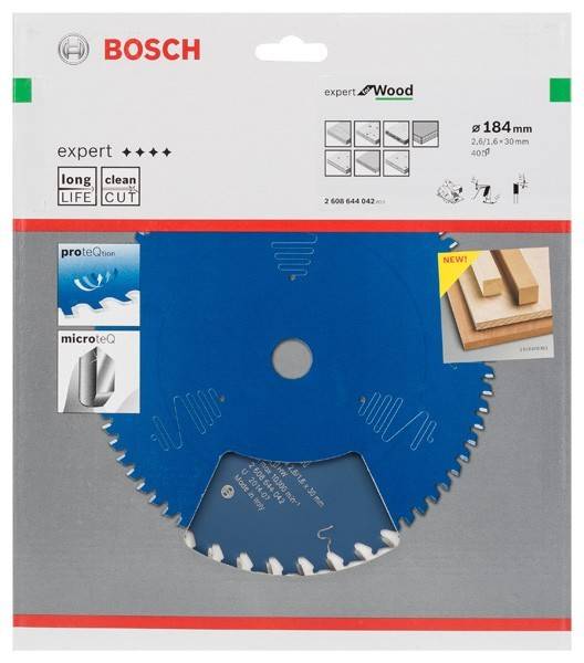 Bosch Experte' Sägeblatt-Verpackung zum Holzschneiden. Merkmale: 184 mm Durchmesser, sauberer Schnitt, lange Lebensdauer. Bild zeigt ein scharfes, blaues Sägeblatt.