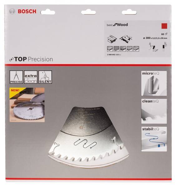 Eine Bosch Kreissägeblatt-Packung mit Schlüsselspezifikationen: '300 x 3,2/2,2 x 30 mm', geeignet für Holz, mit Schwerpunkt auf Präzision und Sauberkeit.