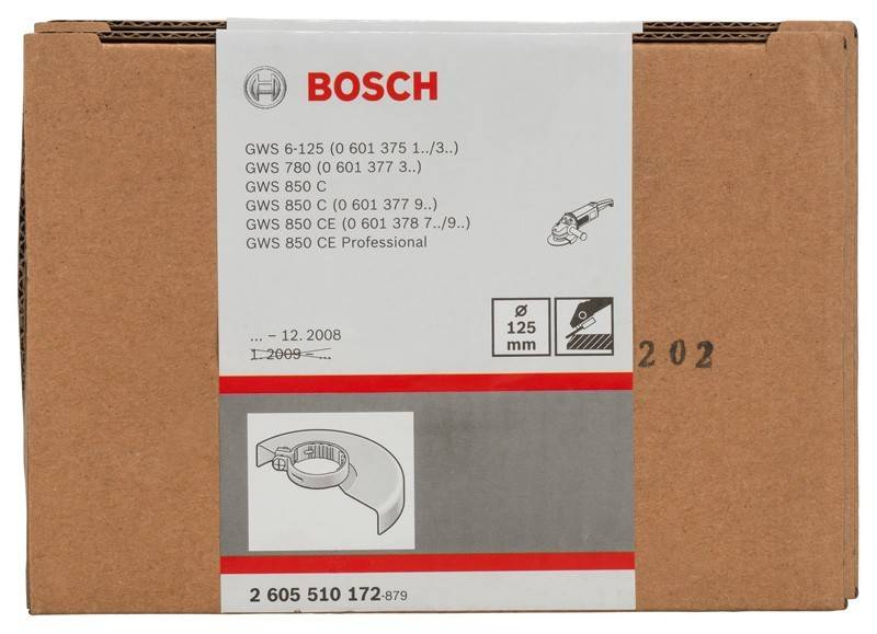 Eine Kartonschachtel mit dem Bosch-Logo, auf der die Winkelschleifer-Modelle GWS 6-125, GWS 780, GWS 850 und GWS 850 CE mit technischen Spezifikationen aufgeführt sind.