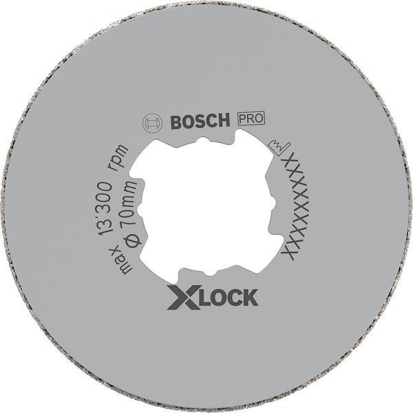 Eine kreisförmige Bosch Pro X-Lock Metalltrennscheibe, ausgelegt für eine maximale Geschwindigkeit von 13.300 U/min und einem Durchmesser von 70 mm.