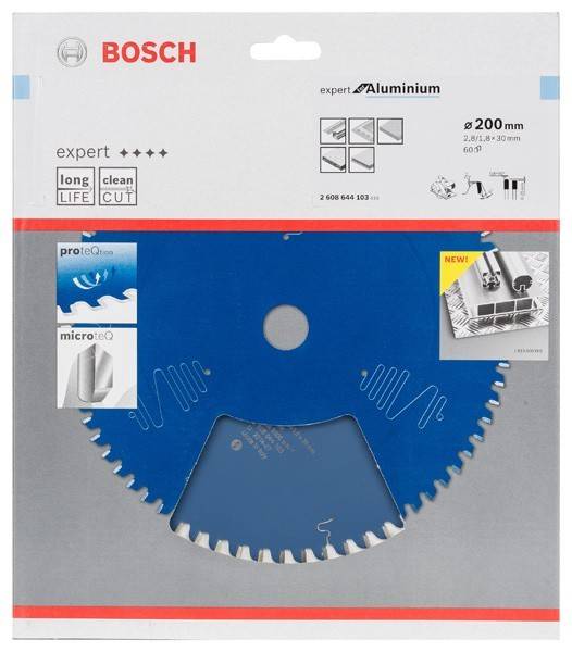 Sägeblatt für Aluminium, Marke Bosch, 200 mm Durchmesser, mit Eigenschaften wie lange Lebensdauer, sauberer Schnitt und Microteq-Technologie.