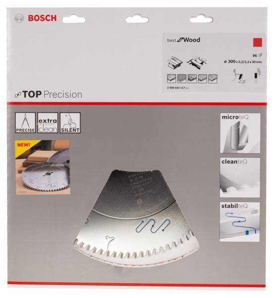 Bosch Top Precision Kreissägeblatt-Verpackung; geeignet für Holz; 300x3,2/2,2x30 mm; 96 Zähne; mit Mikroteq-, Cleanteq- und Stabilteq-Technologien.