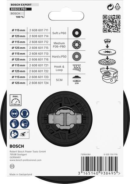 Bosch Schleifscheiben-Verpackung: sechs 115mm Scheiben mit weicher Oberfläche, mittelhart, Körnung P36-P50, mit Klett- und Hakenbefestigung. Bosch-Branding darunter.