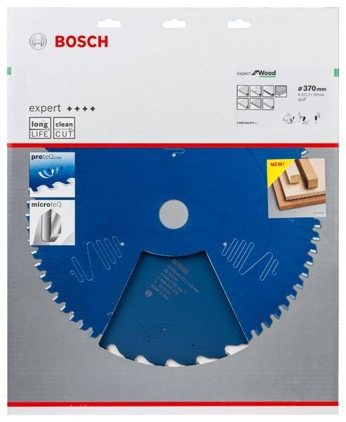 Bosch Expert Sägeblatt Verpackung mit blauer Säge und Eigenschaften wie ‚lange Lebensdauer', ‚sauberer Schnitt', ‚microteQ'. Zeigt Verwendung zum Holzschneiden.