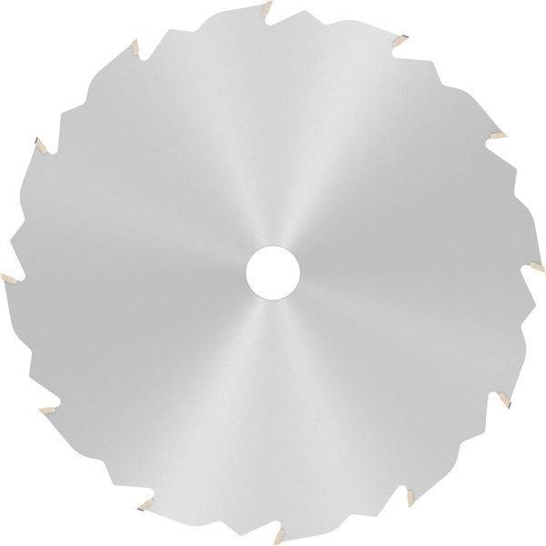 Eine Kreissägeblatt mit scharfen Zähnen, entwickelt zum Schneiden von Holz oder anderen Materialien, von oben betrachtet, die sein symmetrisches Design zeigt.