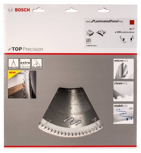 Bosch-Verpackung für eine Kreissägeblatt mit 'Top Precision' und den Technologien microteQ, cleanteQ und stabiliteQ zum Schneiden von Platten.
