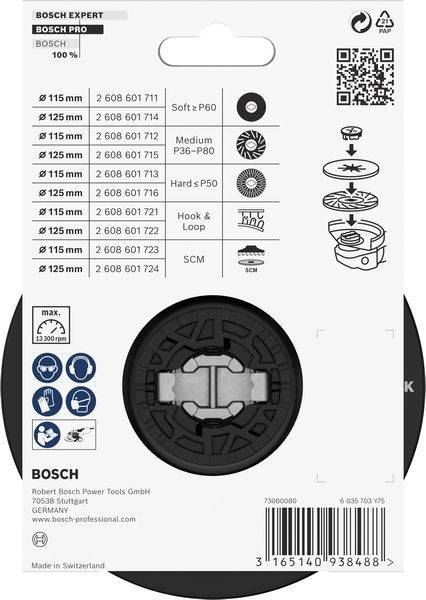 Bosch Schleifscheiben-Verpackung mit verschiedenen Typen und Spezifikationen: Soft P60, Medium P36-P80 und SCM. Max. Drehzahl: 13.300 U/min.