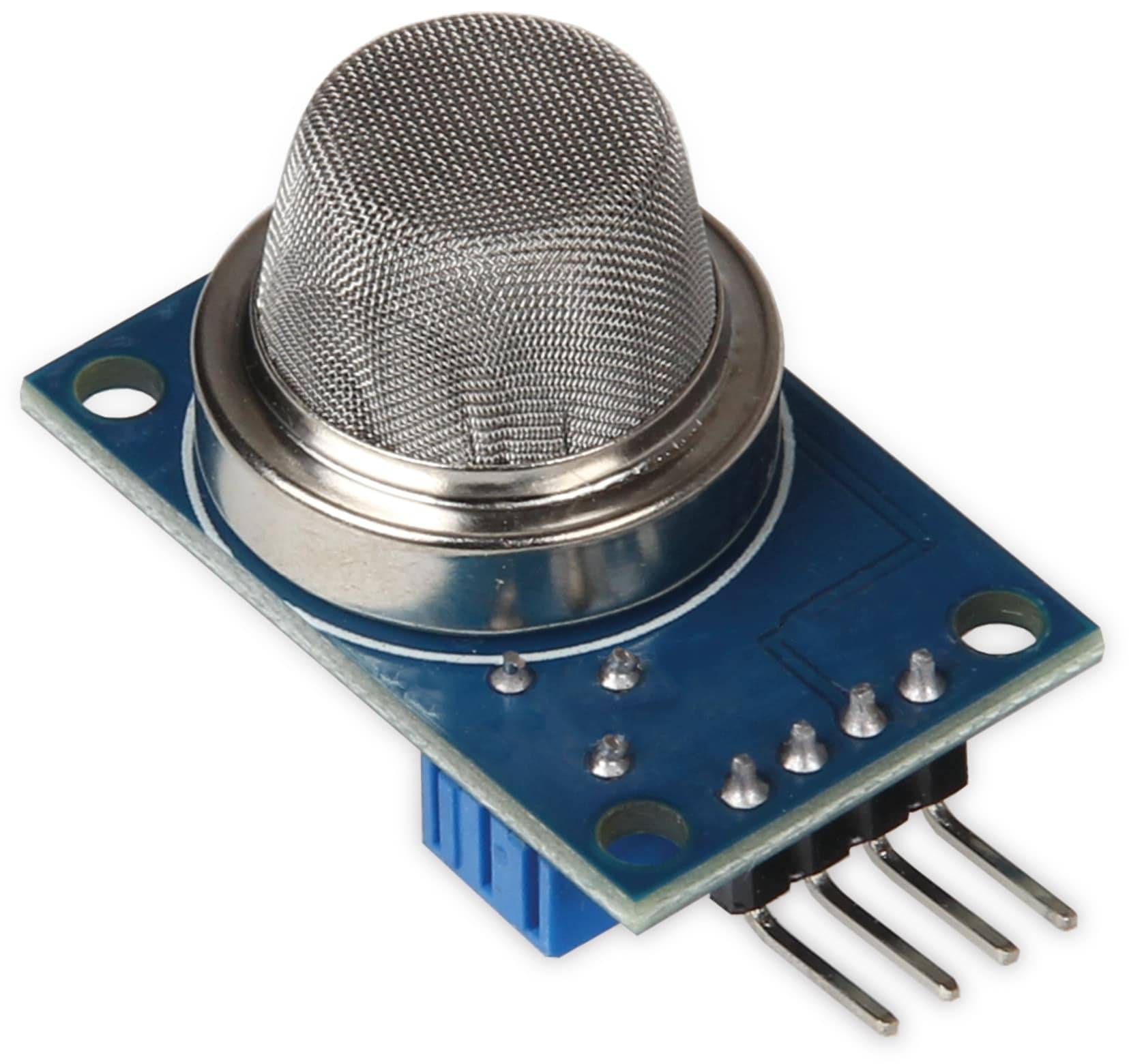 Ein Gassensormodul mit einer Metallgitterabdeckung auf einer blauen gedruckten Schaltung, das mehrere Stifte für elektronische Konnektivität aufweist.