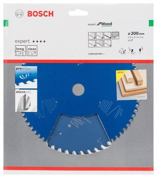Bosch Experten-Holzsägeblatt, 200 mm Durchmesser, mit Proteqtion- und Mikroteq-Technologie. Ideal für lange Lebensdauer und saubere Schnitte.