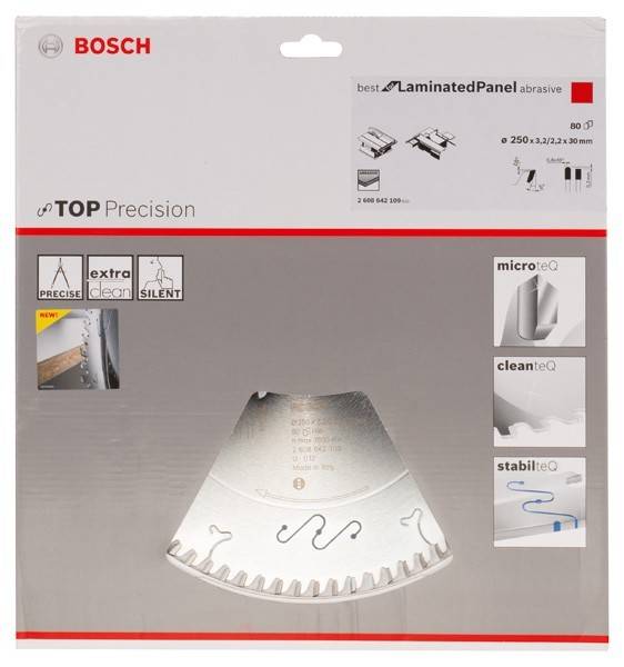 Bosch TOP Precision Kreissägeblatt Verpackung. Beste Wahl für laminierte Platten. Durchmesser: 250 mm, 3,2/2,2 x 30 mm, 80 Zähne.