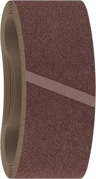 Schleifpapierblatt mit grober, körniger Textur neben einem glatten, braunen Streifen auf der linken Seite.
