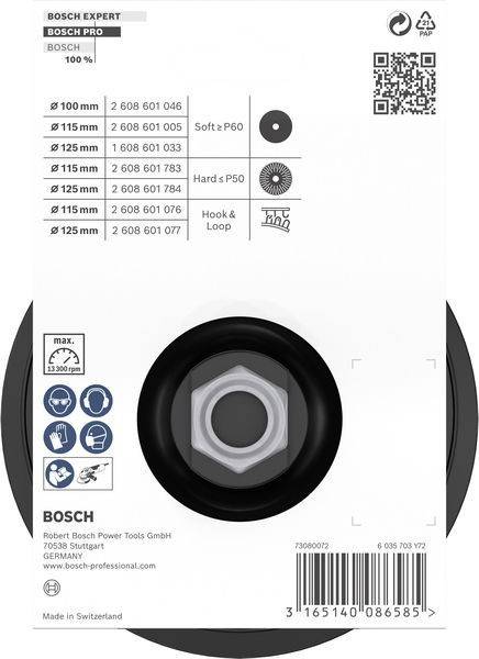 Bosch-Schleifpad-Verpackung mit kompatiblen Teilenummern, Größenoptionen (115 mm, 125 mm) sowie Klett- oder harten Klettverschlussoberflächen.