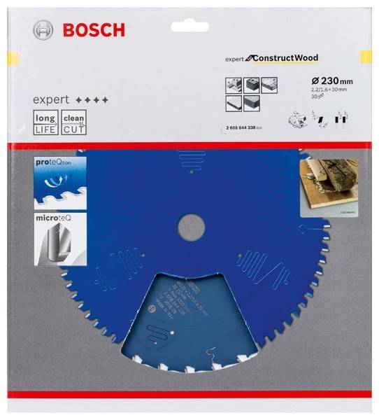 Kreissägeblatt zum Holzschneiden, beschriftet als 'Bosch Expert Construct Wood', mit langer Lebensdauer, sauberen Schnitt, 230 mm Durchmesser, Microteq-Technologie.