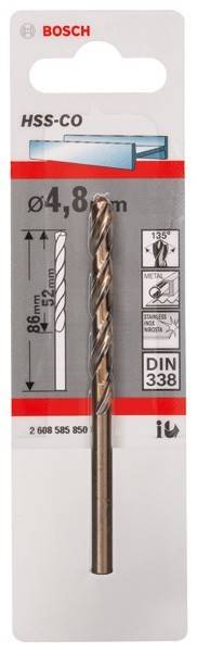 Ein Metallbohrer-Paket mit einer Diagramm des Bohrers, Abmessungen markiert als 86 mm und 52 mm, mit Symbolen für die Verwendung an Metall und einem Spitzenwinkel von 135°.