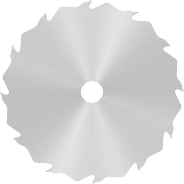 Kreissägeblatt mit scharfen, spitzen Zähnen, die gleichmäßig entlang des Randes angeordnet sind. Das Zentrum verfügt über ein rundes Loch zur Befestigung auf einer Säge.