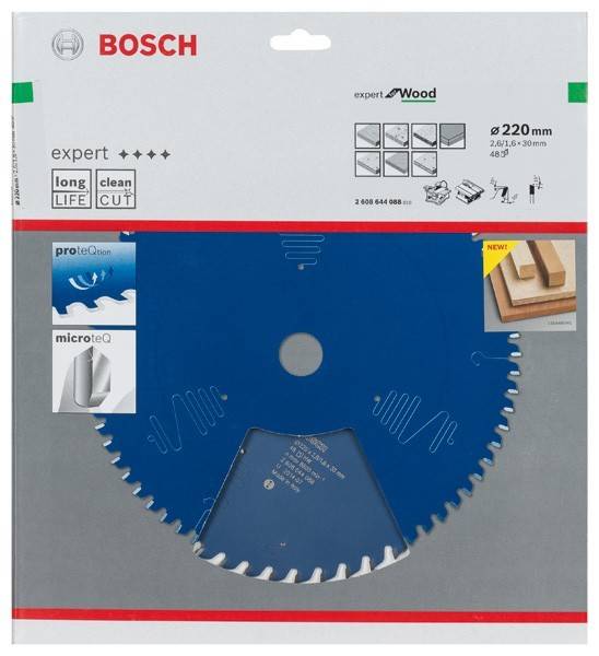 Eine Bosch Kreissägeblatt für Holz, mit der Bezeichnung 'Expert' und vier Sternen, verfügt über Technologien für lange Lebensdauer und saubere Schnitte. Der Durchmesser beträgt 220 mm.
