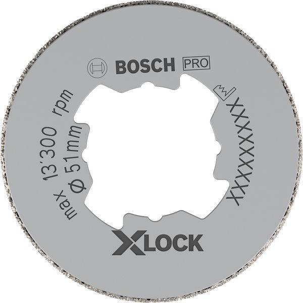 Eine Kreissägeblatt mit der Aufschrift 'BOSCH PRO', 'max 13.300 U/min' und 'Ø 51 mm'. Es verfügt über ein X-förmiges Verriegelungsmuster für eine sichere Befestigung.