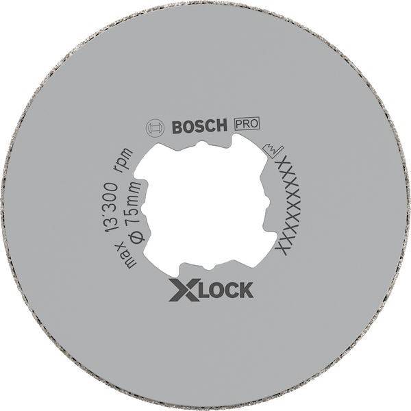Ein kreisförmiger Bosch X-LOCK Trennschleifscheibe mit dem Text 'max 13.300 U/min, Φ 115 mm', die eine sternförmige innere Öffnung zur Metallbearbeitung aufweist.
