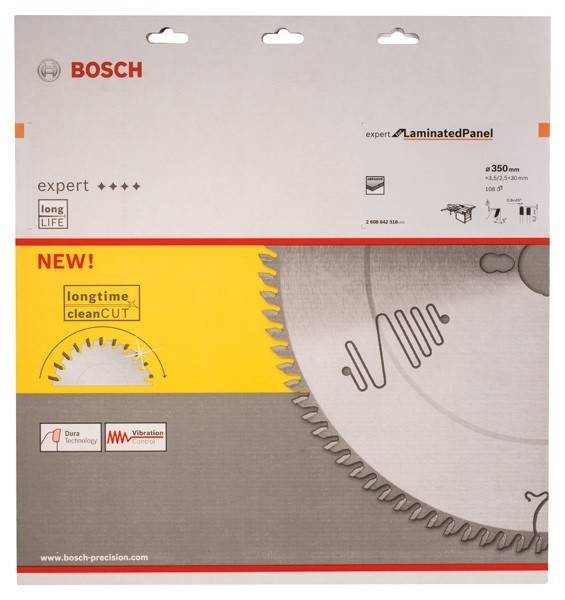 Bosch Expertenlamellensägeblatt-Verpackung; Merkmale umfassen lange Lebensdauer, sauberen Schnitt. Durchmesser: 350 mm, 92 Zähne. Neue Technologie hervorgehoben.