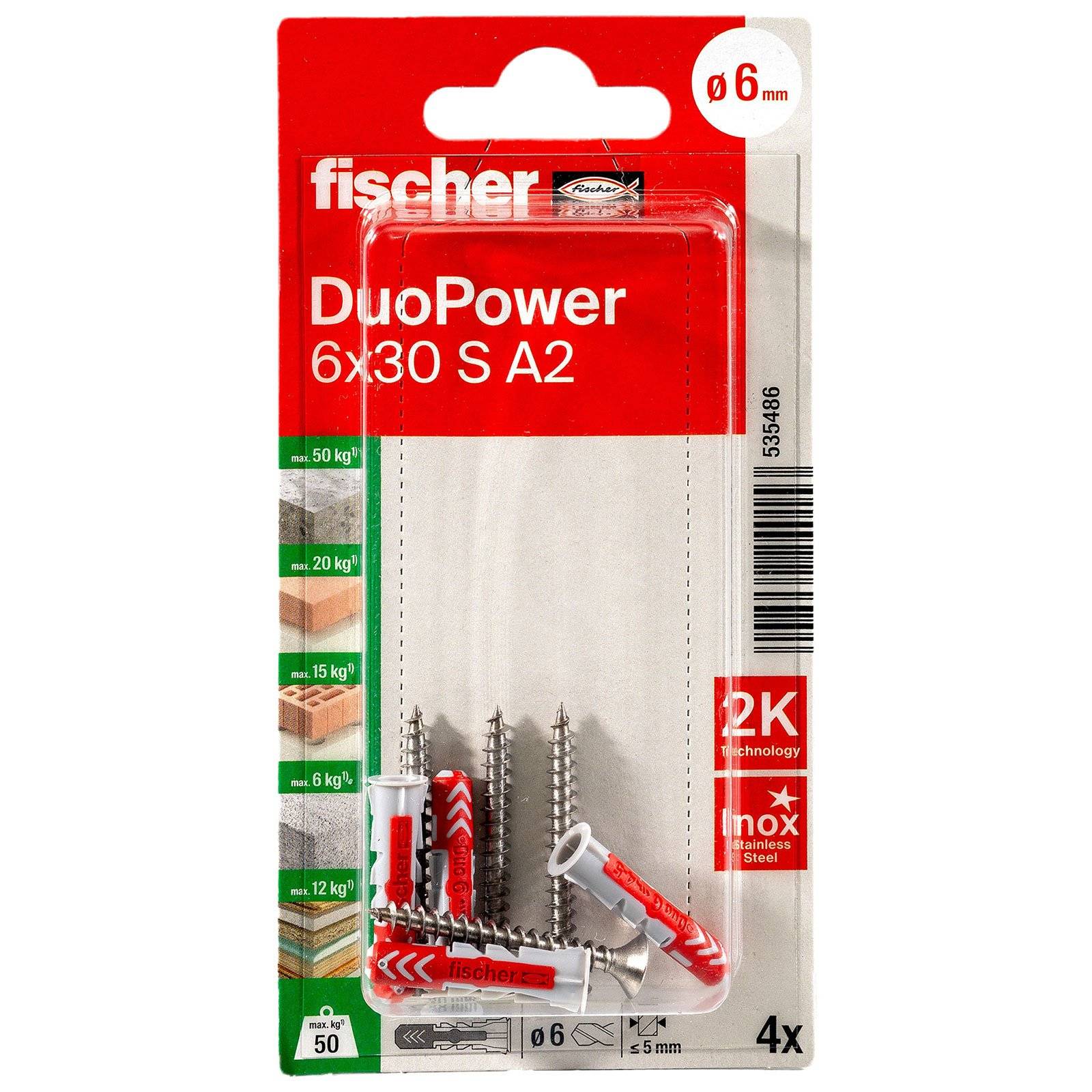 fischer DuoPower 6 x 30 S Schraube nicht rostender Stahl A2