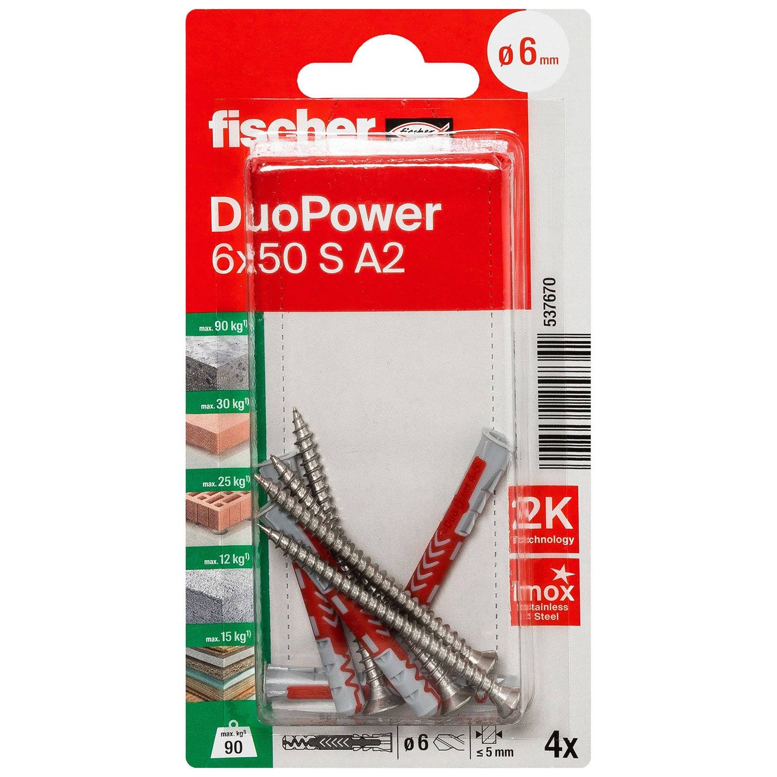 fischer DuoPower 6 x 50 S Schraube A2 nicht rostender Stahl