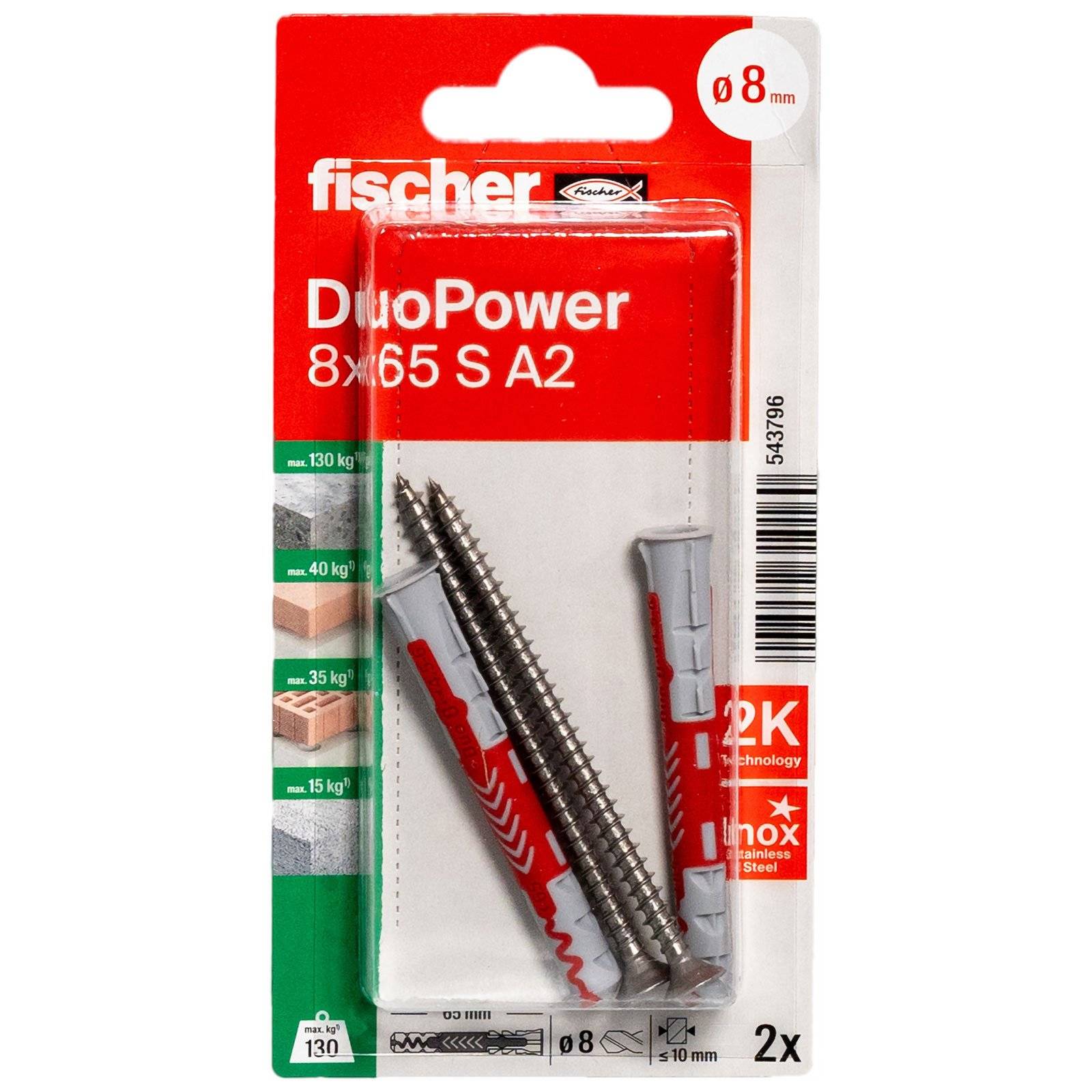 fischer DuoPower 8 x 65 S Schraube nicht rostender Stahl A2